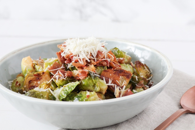 Prosciutto Parmesan Brussels Sprouts | cookinginmygenes.com