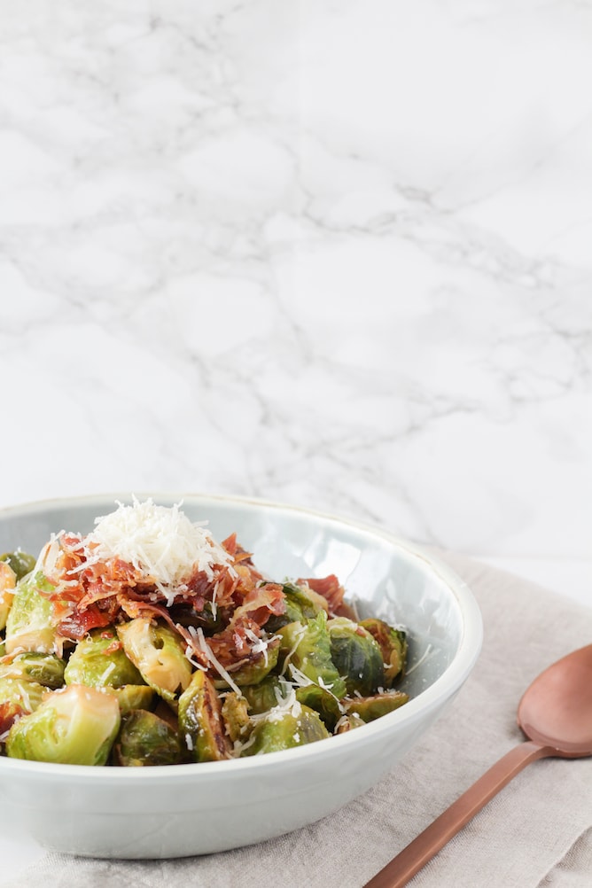 Prosciutto Parmesan Brussels Sprouts | cookinginmygenes.com