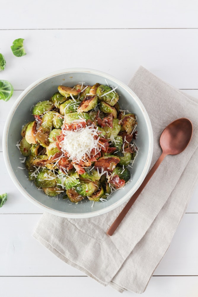 Prosciutto Parmesan Brussels Sprouts | cookinginmygenes.com