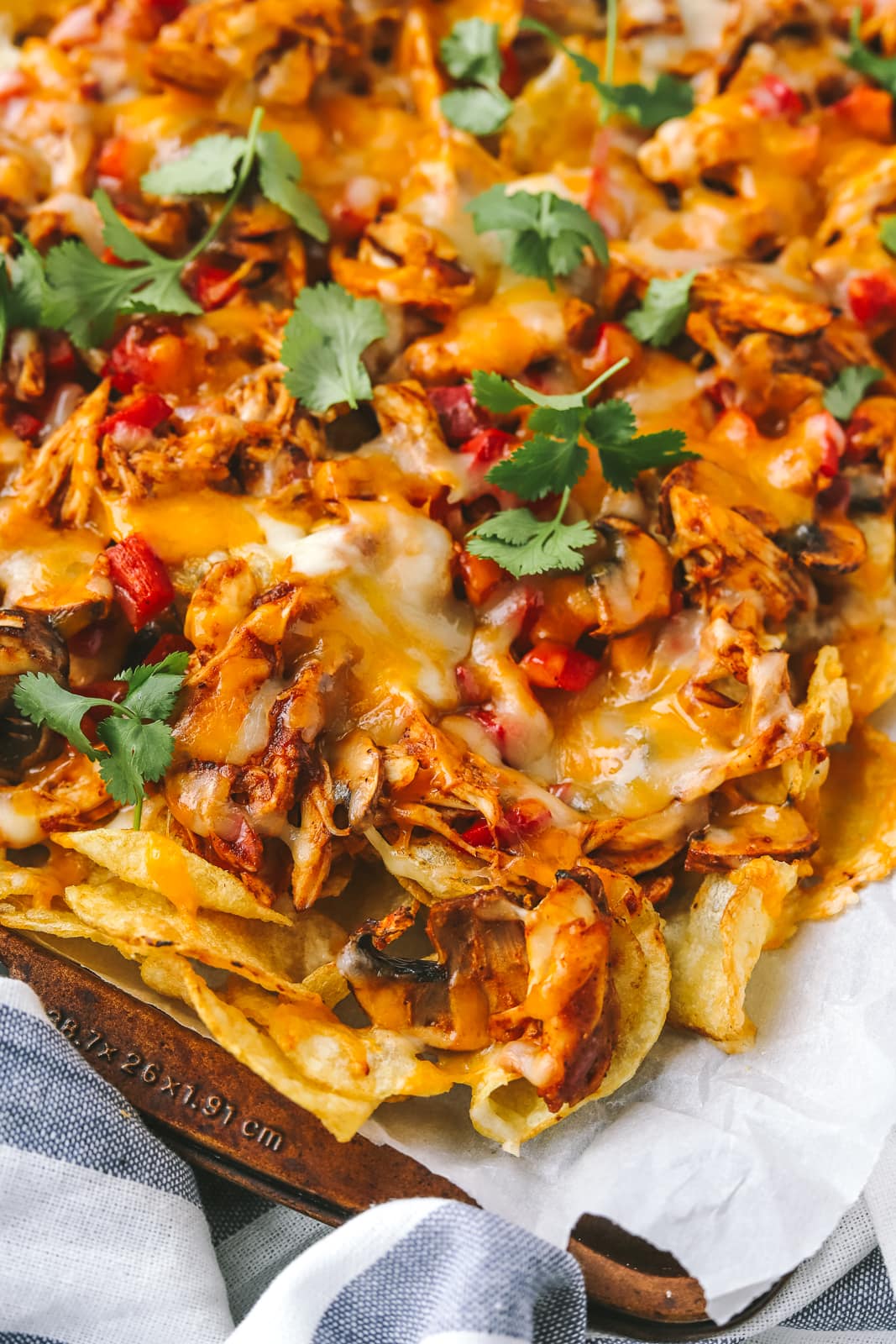 angled shot of chicken nachos