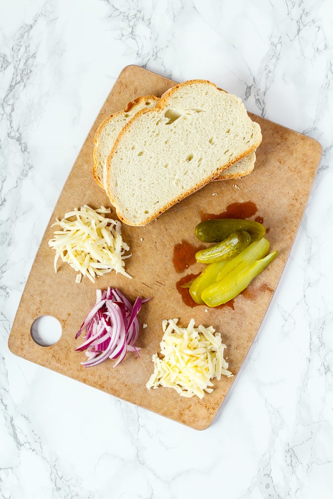 Grilled Cheese with Pickles & Red Onions from cookinginmygenes.com