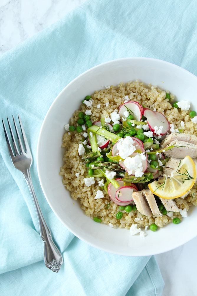 Spring Vegetable Bowl with Lemon and Dill Chicken | cookinginmygenes.com