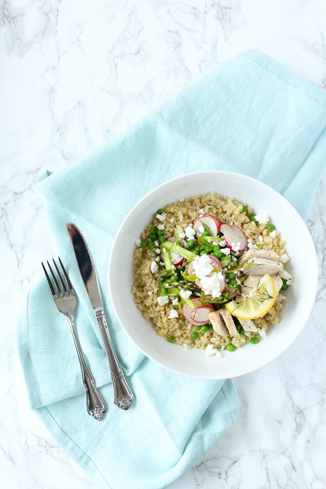 Spring Vegetable Bowl with Lemon and Dill Chicken | cookinginmygenes.com