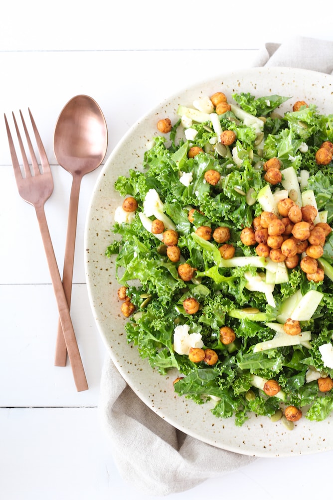 Kale, Apple and Cheddar Salad with Spicy Chickpeas | cookinginmygenes.com