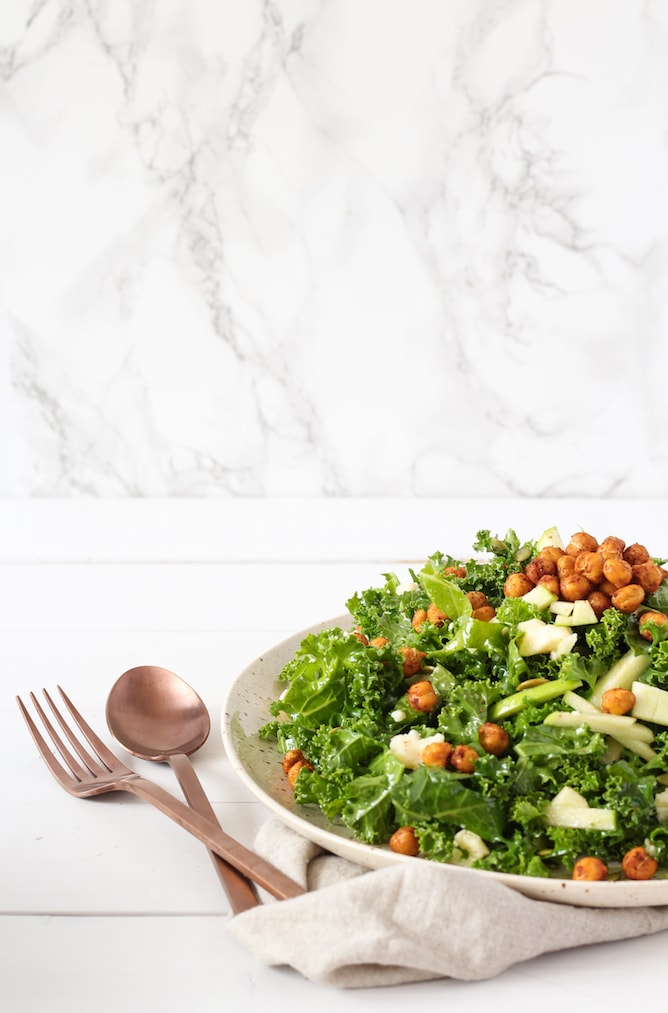 Kale, Apple and Cheddar Salad with Spicy Chickpeas | cookinginmygenes.com