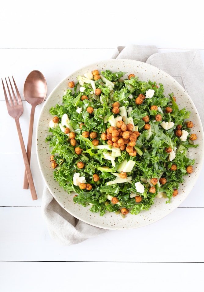 Kale, Apple and Cheddar Salad with Spicy Chickpeas | cookinginmygenes.com