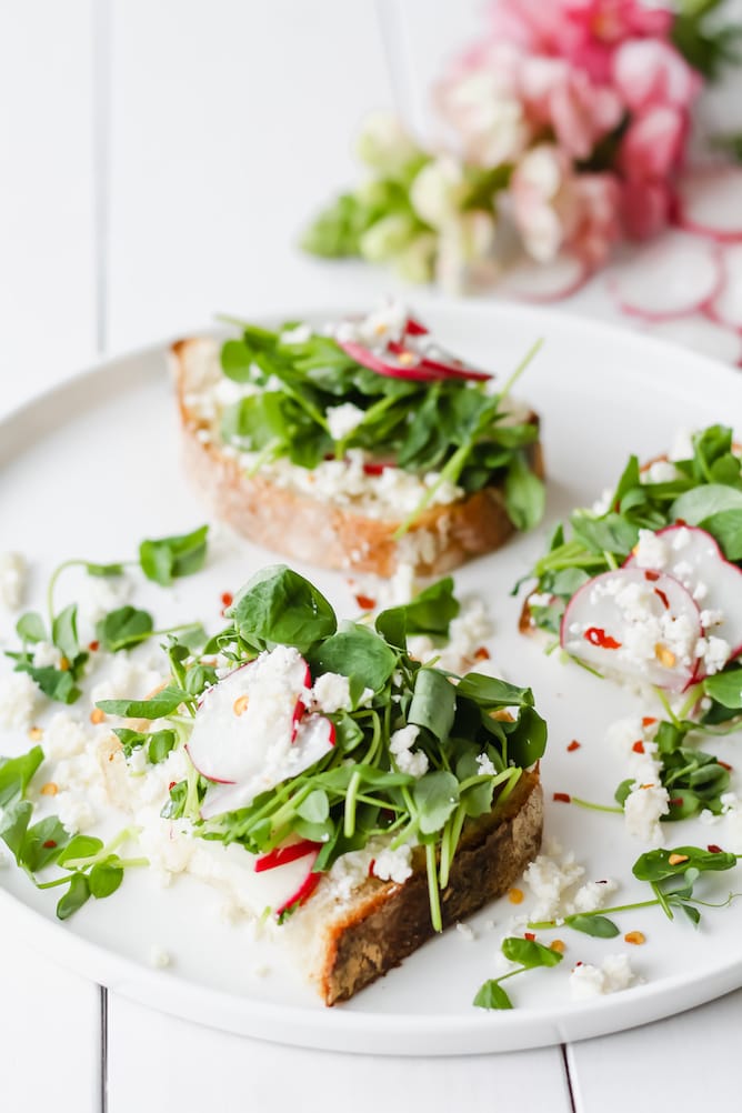 Spring Toast with Radishes, Pea Shoots and Feta | cookinginmygenes.com