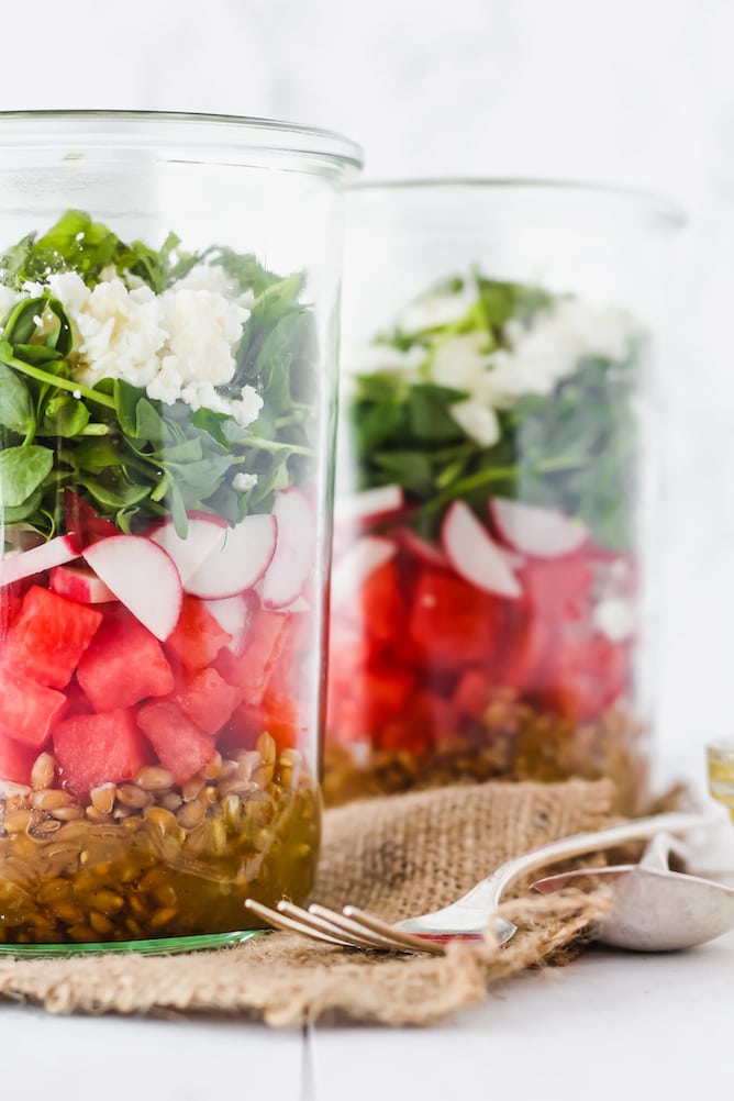 Watermelon Mason Jar Salad | cookinginmygenes.com