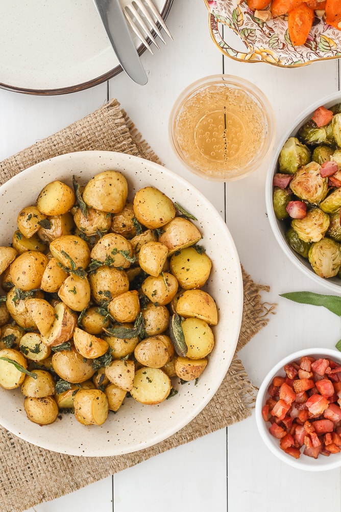 overhead shot of a bowl of roasted potatoes