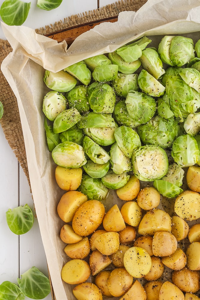 Sheet Pan of seasoned Carrots, Brussels Sprouts and Potatoes