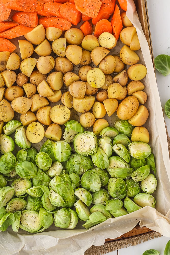 Sheet Pan of seasoned Carrots, Brussels Sprouts and Potatoes