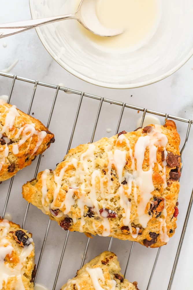 Cranberry Chocolate Scones with Orange Glaze | cookinginmygenes.com