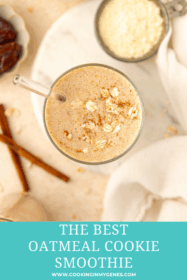 oatmeal cookie smoothie in clear glass with a straw