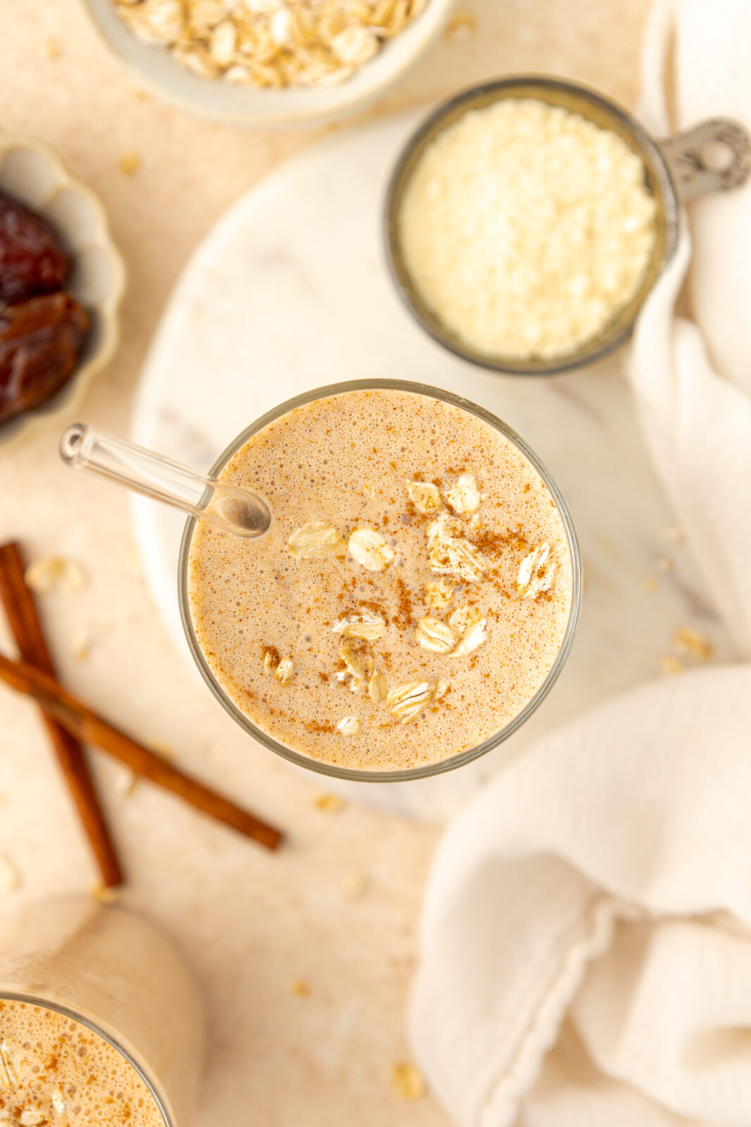 overhead photo of smoothie in a gladd