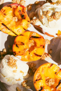 Grilled Peaches with Oat Crumble & Vanilla Ice Cream