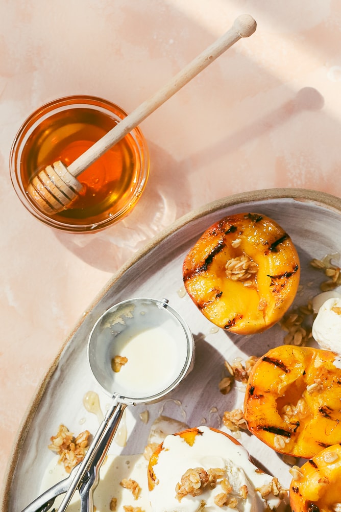 Grilled Peaches with Oat Crumble & Vanilla Ice Cream