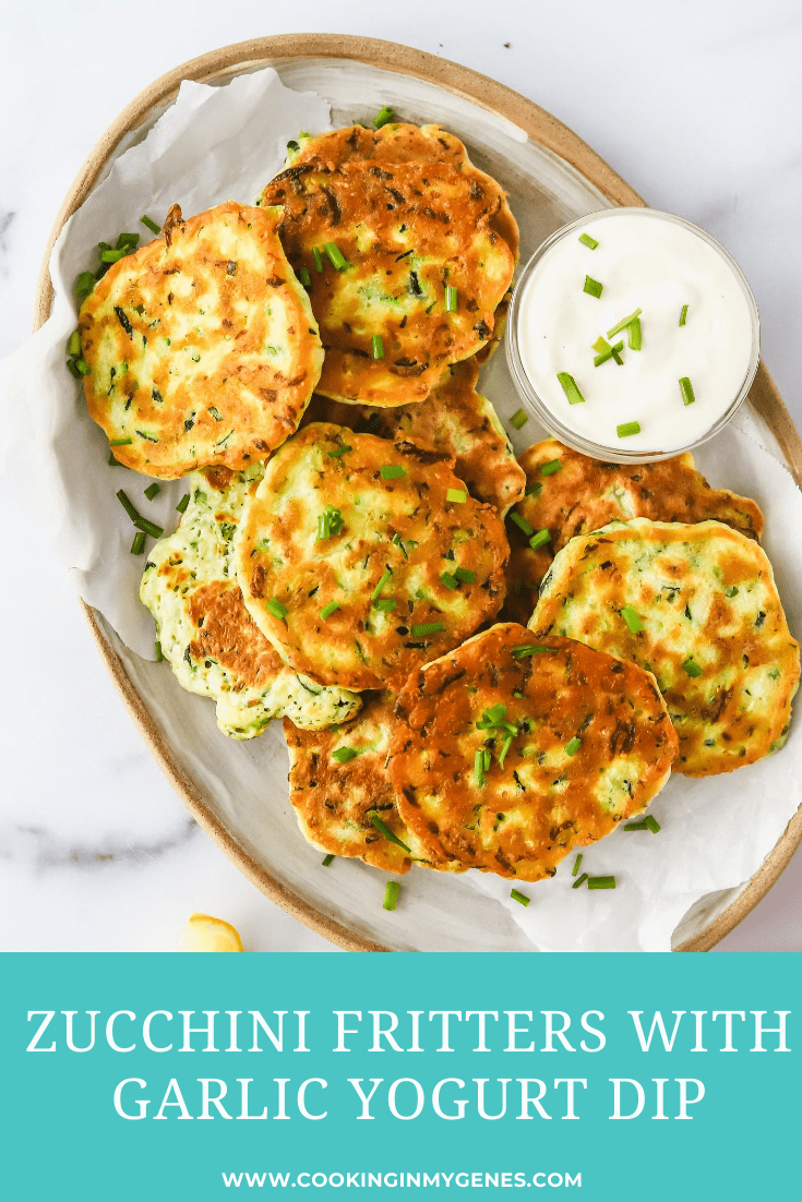 Zucchini Fritters with Garlic Yogurt Dipping Sauce - Cooking in my Genes