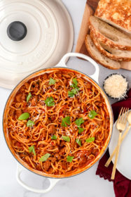 overhead shot of one pot spicy sausage pasta