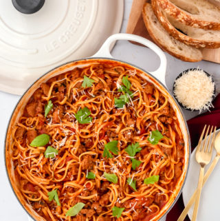 overhead shot of one pot spicy sausage pasta