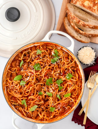 overhead shot of one pot spicy sausage pasta