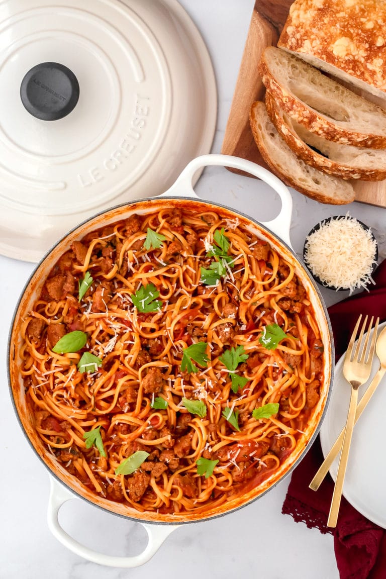 overhead shot of one pot spicy sausage pasta