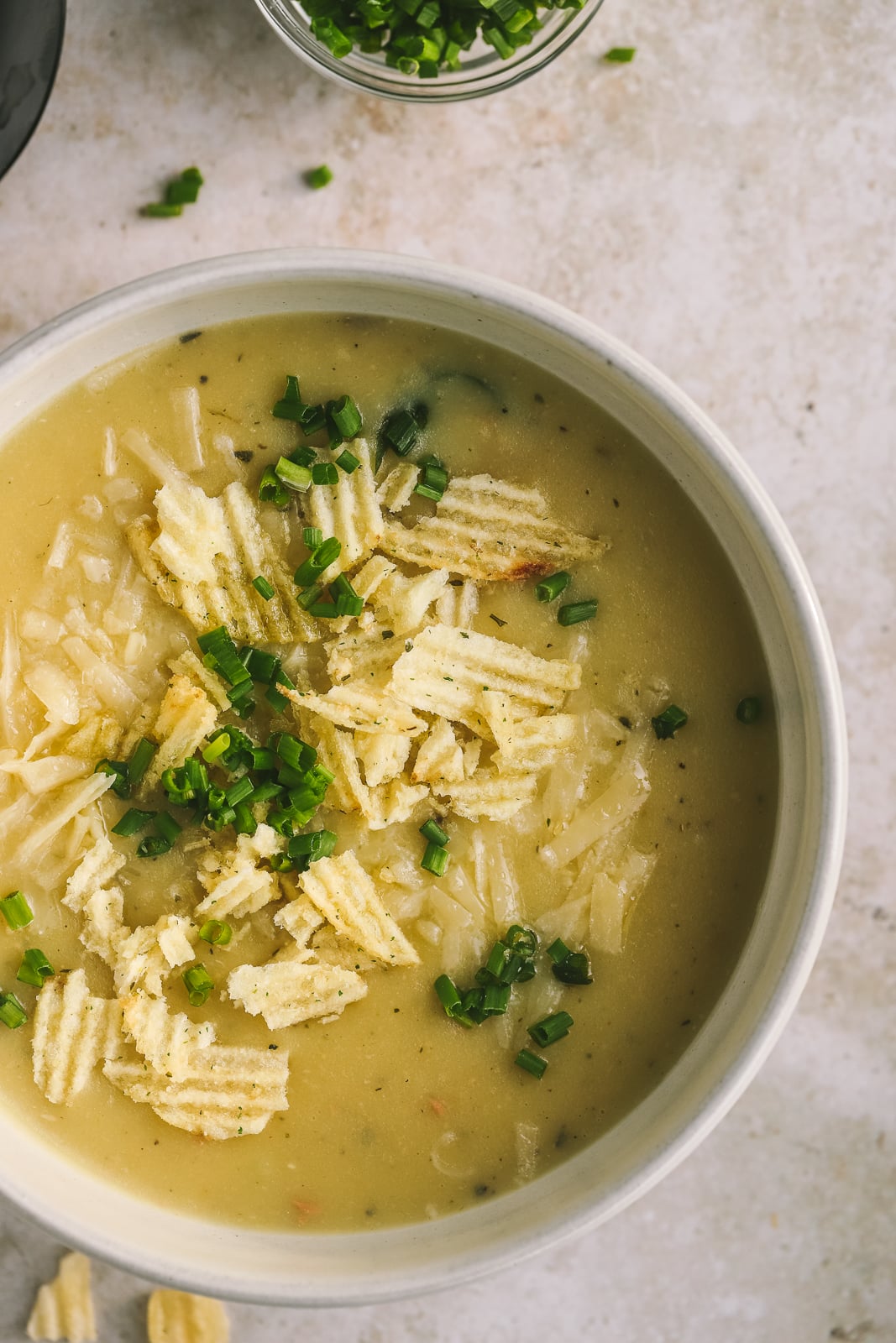 potato soup with chives and chips