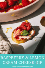 crostini topped with cream cheese, raspberries and lemon