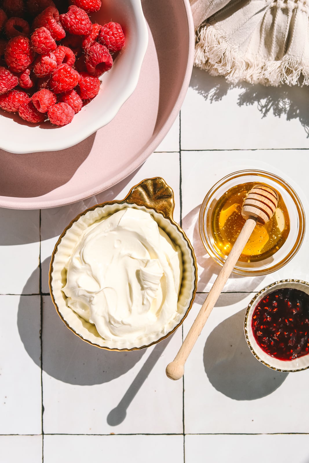 ingredients to make cream cheese dip with raspberries