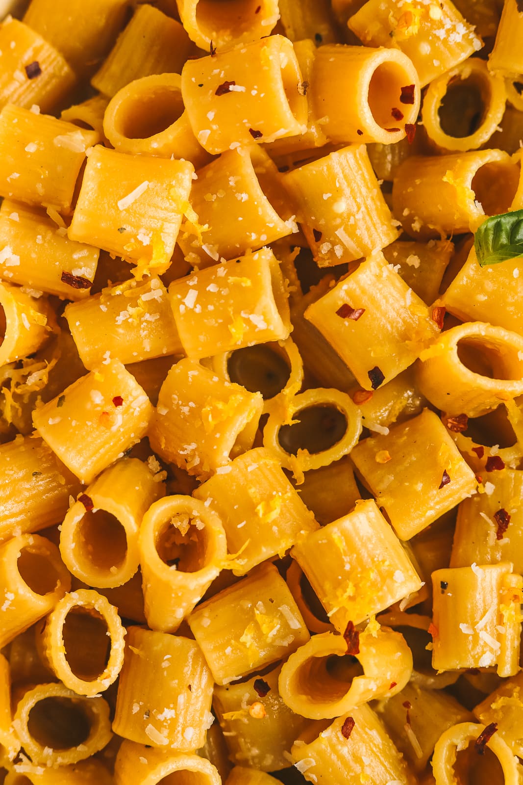 close-up of lemon garlic pasta noodles