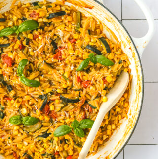 one pot orzo in a white pot