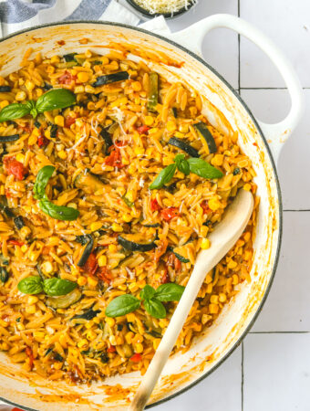 one pot orzo in a white pot