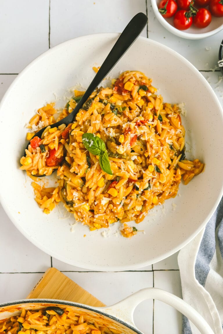 Easy One Pot Orzo with Tomatoes, Corn & Zucchini - Cooking in my Genes