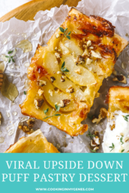 upside down pear & brie puff pastry tart topped with whipped cream, walnuts and thyme