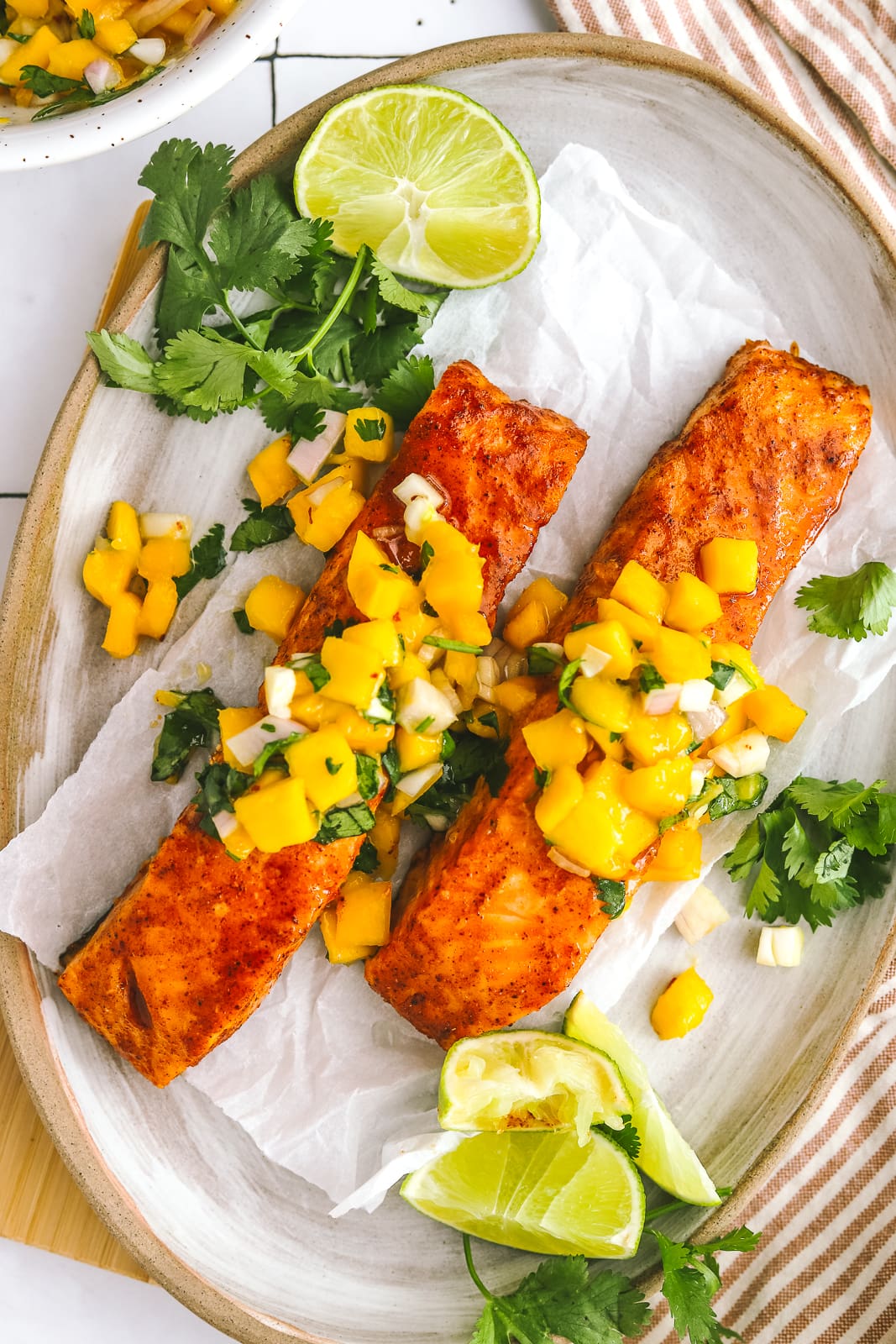 chili lime baked salmon on a tray