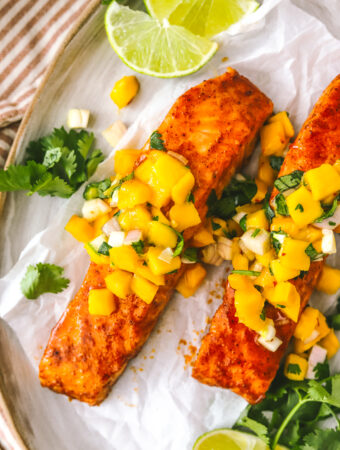 closeup of chili lime baked salmon on a tray