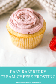 vanilla cupcake topped with raspberry cream cheese frosting
