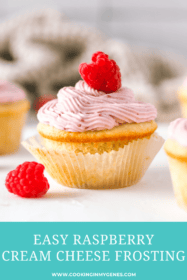 vanilla cupcake topped with raspberry cream cheese frosting