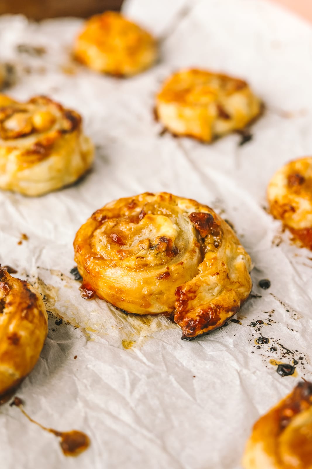 closeup of a goat cheese and apricot jam pinwheel