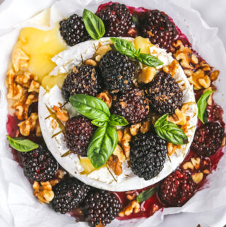 overhead of blackberry baked brie