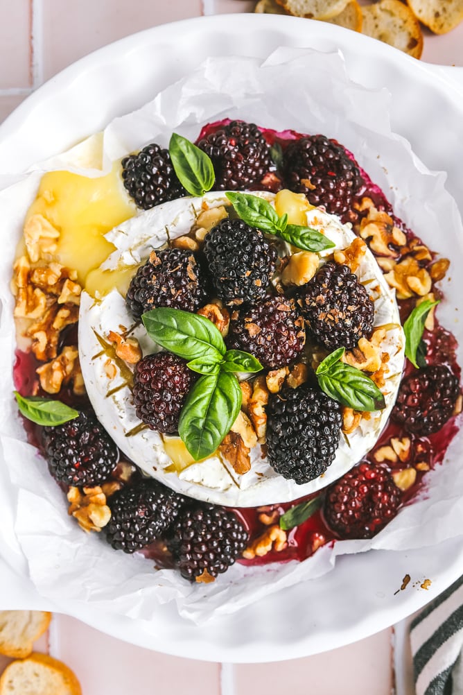 overhead of blackberry baked brie