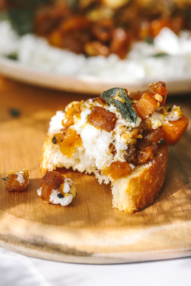closeup of a crostini with goat cheese 