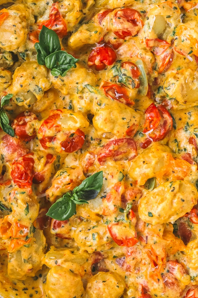 close up of one pan boursin gnocchi