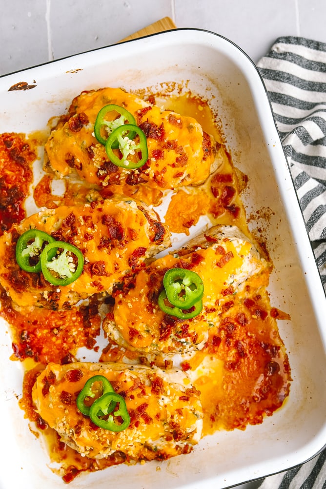 full pan of baked jalapeno popper chicken