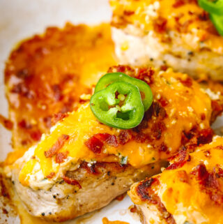 angled shot of baked jalapeno popper chicken