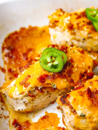 angled shot of baked jalapeno popper chicken