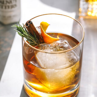 angled view of old fashioned cocktail