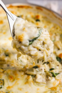 One Pan Creamy Spinach and Artichoke Orzo Bake - Cooking in my Genes