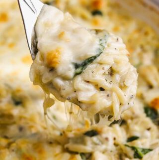 side angle spoonful of spinach artichoke orzo