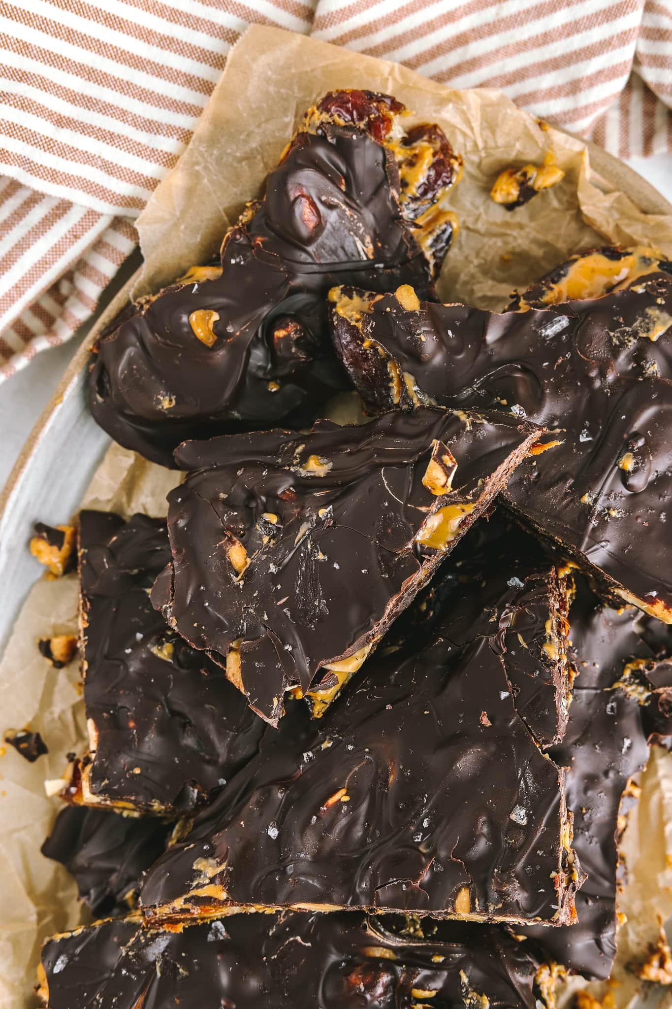 close up of chocolate date bark