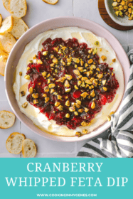 cranberry whipped feta dip in a pink bowl